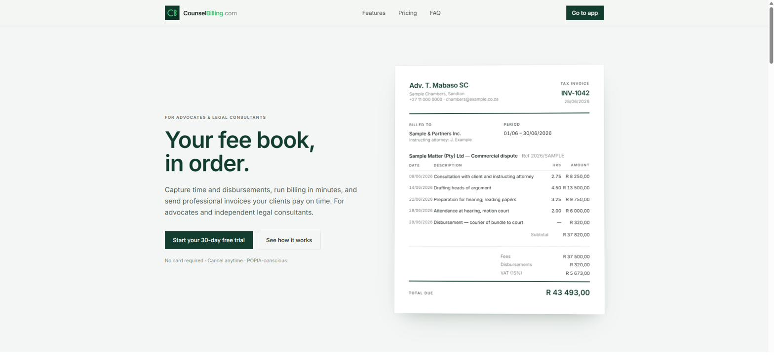 The CounselBilling landing page — start a 30-day free trial.