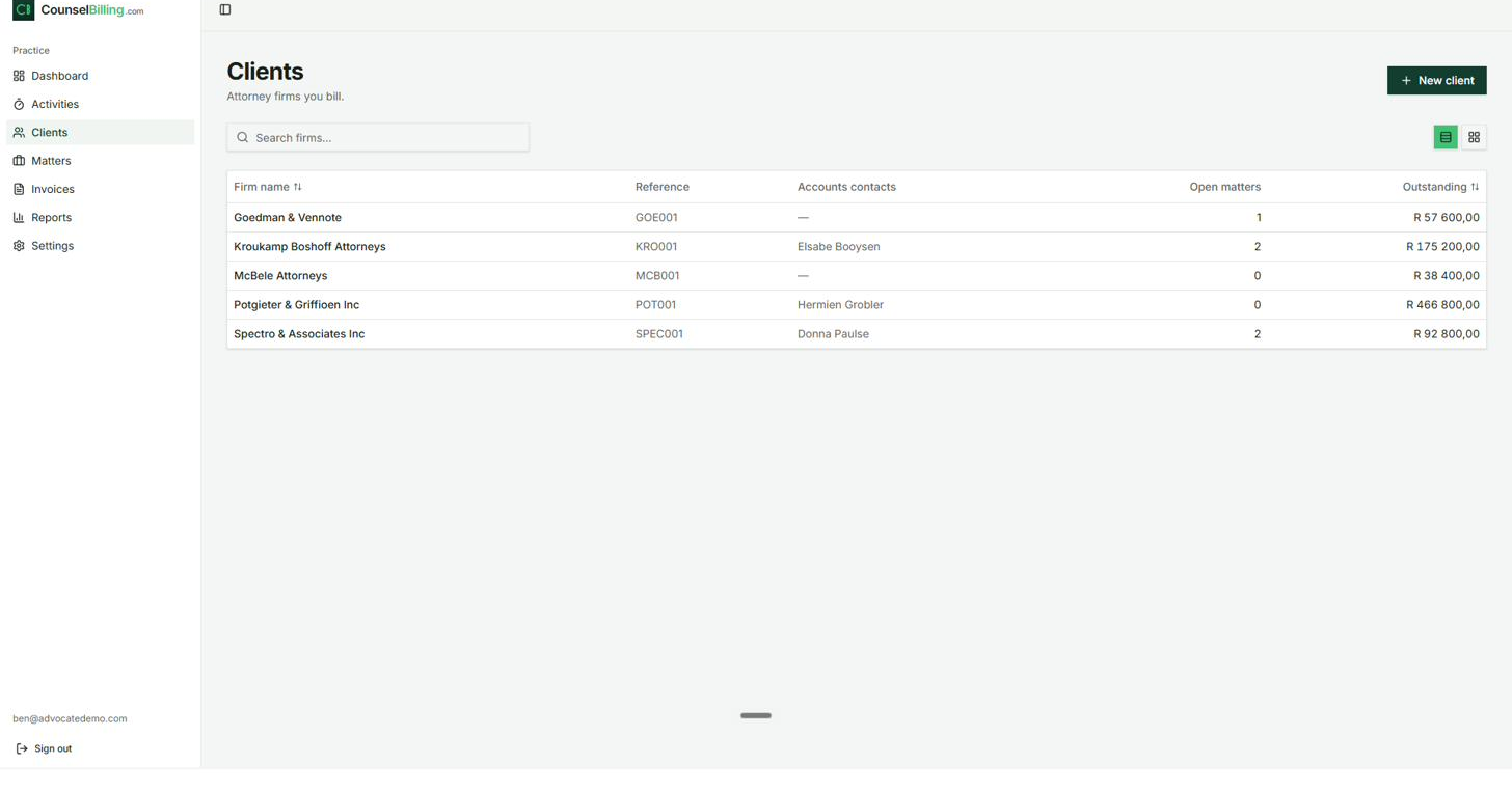Clients list: references, accounts contacts, open matters, outstanding balances.