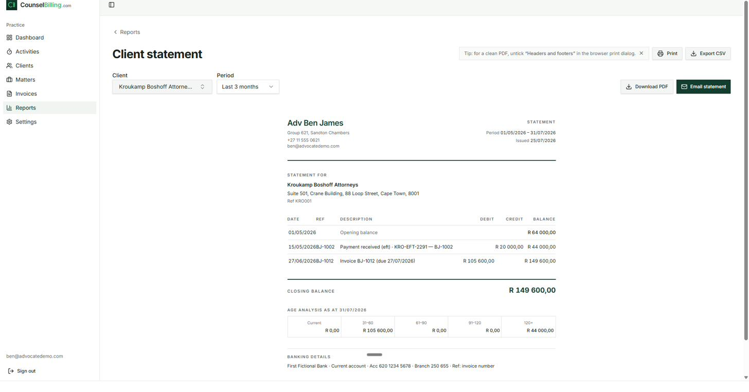 Client statement: invoices, payments, running balance, age analysis.