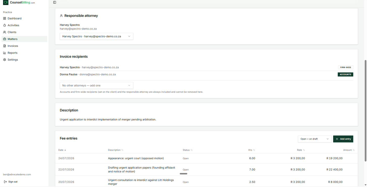 Recipients, matter description, and fee entries on the matter page.