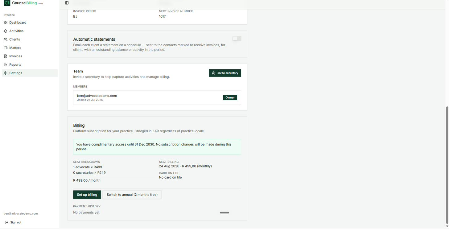 Settings (continued): automatic statements, Team card, platform subscription.